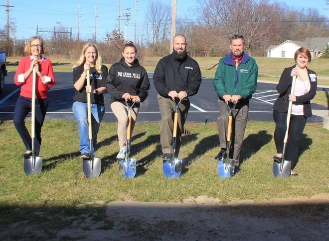 A groundbreaking ceremony was held Wednesday for the new “Iron Mill” weight room at Doyle Community Center. From left, Mary Dresser, co-director of Sturgis Area Community Foundation; Terra Draper, Doyle board president; Talia Yeoman, Doyle fitness supervisor; Mike Liston, Doyle director; Sturgis Mayor Robert Hile; and Sorina Swarts-Kinsey, GM team leader at Meijer in Sturgis.