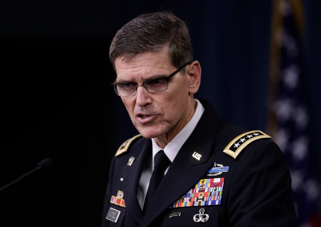 FILE - In this Aug. 30, 2016 file photo, U.S. Central Command Command Commander, U.S. Army Gen. Joseph Votel speaks to reporters at the Pentagon. Votel says he has completed an exhaustive review of the Yemen raid that killed a Navy SEAL, and he concluded there were no lapses in judgment or decision making surrounding the operation, and he sees no need for additional investigations. (AP Photo/Manuel Balce Ceneta, File)