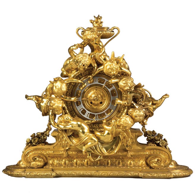 Cottone Auctions’ annual Fine Arts and Antiques Auction will feature a monumental French Napoleon III gilt bronze mantle clock from an Old Westbury collection March 25 in Geneseo. [PHOTO PROVIDED]