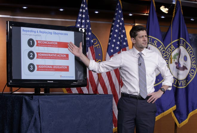 House Speaker Paul Ryan of Wis. uses charts and graphs to make his case for the GOP's long-awaited plan to repeal and replace the Affordable Care Act, Thursday, March 9, 2017, during a news conference on Capitol Hill in Washington. THE ASSOCIATED PRESS