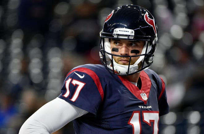FILE - In this Oct. 16, 2016, file photo, Houston Texans' Brock Osweiler (17) prepares for an NFL football game against the Indianapolis Colts in Houston. The Texans traded Osweiler to the Cleveland Browns on Thursday, March 9, 2017. (AP Photo/George Bridges, File)