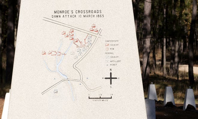 This map on the monument at Monroe’s Crossroads depicts the Confederates’ original battle plan.