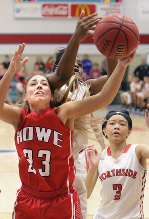 Howe' Taya Kellogg, left, is fouled from behind as she goes after a rebound on Dec. 10, 2016, in a game against Northside during the Tournament of Champions. [TIMES RECORD FILE PHOTO]