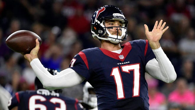 In this Oct. 16, 2016, file photo, Houston Texans’ Brock Osweiler (17) throws against the Indianapolis Colts during the first half of an NFL football game, Sunday, Oct. 16, 2016, in Houston. The Texans traded Osweiler to the Cleveland Browns on Thursday, March 9, 2017. (Associated Press)