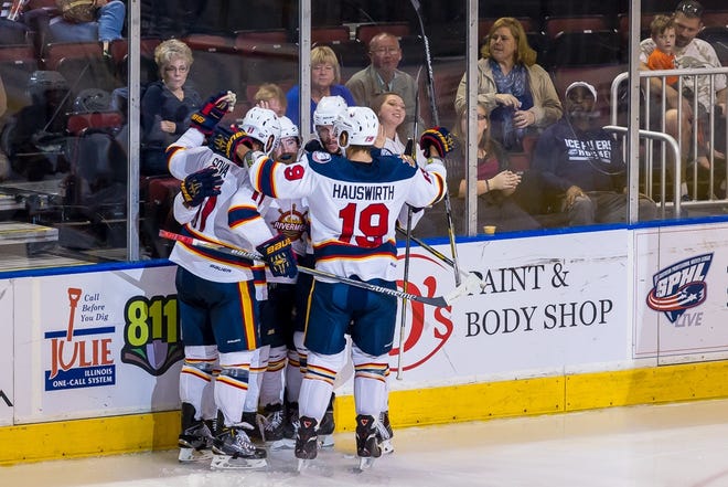 COURTESY PEORIA RIVERMEN High-scoring center Jake Hauswirth went from the Peoria Rivermen to Fayetteville in a trade earlier this season, and will face his former Peoria teammates this weekend.