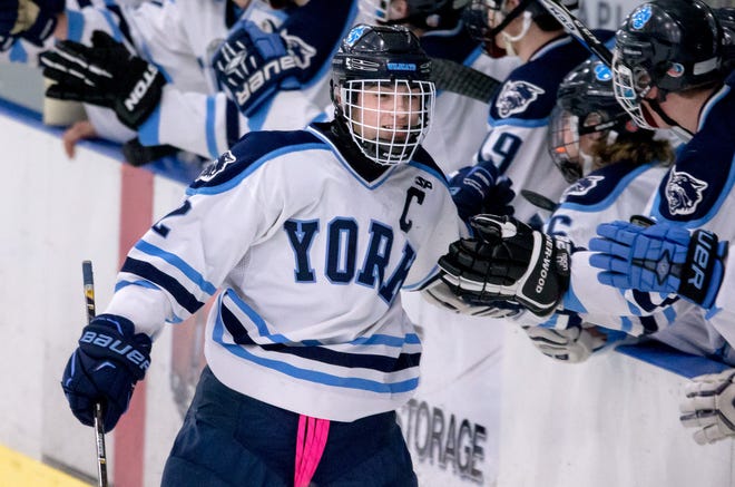Senior captain Jake Marin and the Class B South champion York High School boys hockey team face North champ Waterville today for the state title. The game starts at 1 p.m. at The Androscoggin Bank Colisee. [Mike Strout Photo]
