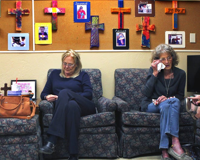 (Photograph by Lauren Koski / Amarillo Globe-News) Mothers Against Meth director Connie Oldfield (left) and Carole Hanks are among the women who regularly attend the group’s weekly meetings. “I can’t take away pain, but I can give them hope,” Oldfield said.