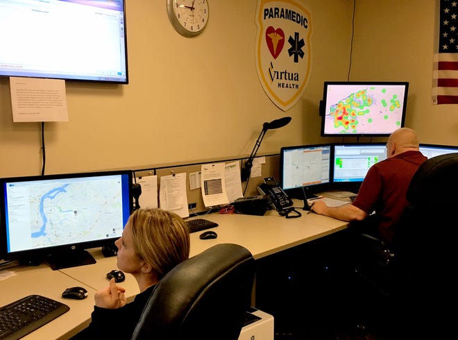 Virtua emergency services controllers Laura Dye and Ken Grabowski use new technology to predict where 911 calls will come from, and dispatch the unit that will get to the scene the fastest on Tuesday, March 7, 2017.