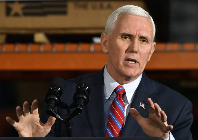 Vice President Mike Pence speaks at the Harshaw Trane Parts and Distribution Center on Saturday in Louisville, Ky. Pence said that the so-called Obamacare law had failed the nation and the Trump administration would need the backing of rank-and-file Republicans to pass their health care overhaul. [TIMOTHY D. EASLEY / ASSOCIATED PRESS]