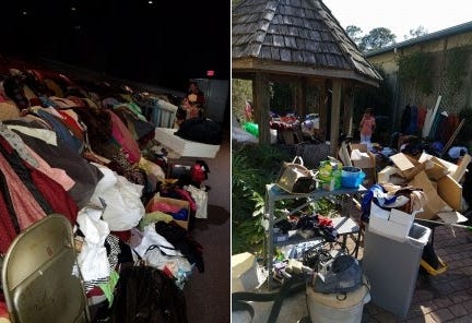 At left are costumes and other objects unaffected by flooding at Kaleidoscope Theatre. At right are those that were damaged; some were salvageable, while others were trashed. [KALEIDOSCOPE THEATRE PHOTOS]