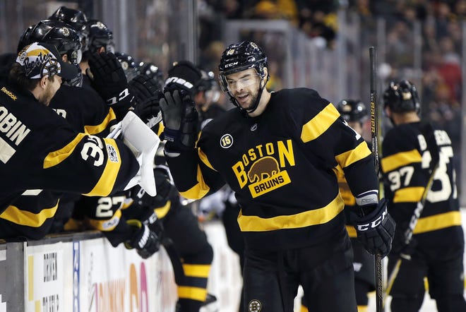 Bruins newcomer Drew Stafford hopes to keep the celebrations coming as Boston embarks on a four-game road trip to Canada starting on Monday. [AP Photo/Michael Dwyer]