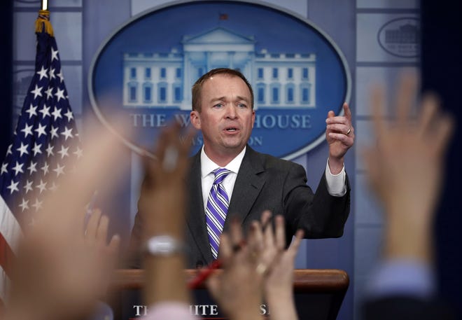 Budget director Mick Mulvaney speaks to reporters at the White House in Washington. President Donald Trump unveils a proposed budget on March 16 that will sharply test Republicans' ability to keep longstanding promises to beef up the military by making politically painful cuts to a lengthy list of popular domestic programs. (AP Photo/Manuel Balce Ceneta, File)