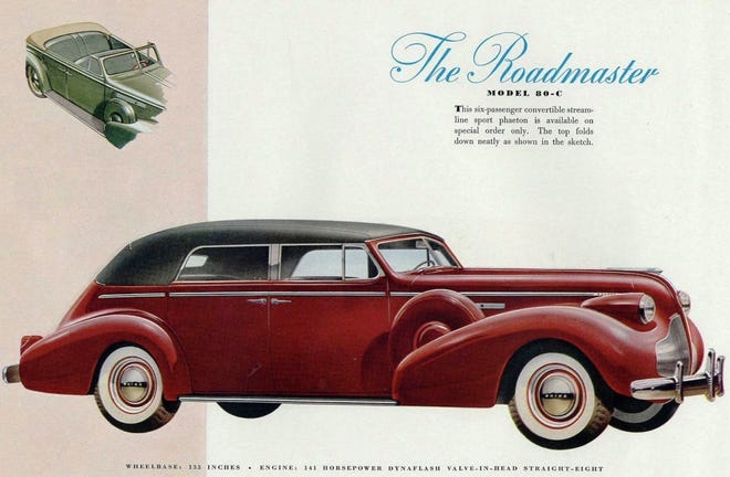 This 1939 Buick Roadmaster convertible was a beautiful car in its day. The convertible Roadmaster was available only as a “special order,” thus not many are around. (Ad compliments General Motors)
