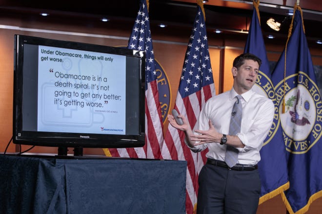 In this March 9, 2017, file photo, House Speaker Paul Ryan uses charts and graphs to make his case for the GOP's long-awaited plan to repeal and replace the Affordable Care Act during a news conference on Capitol Hill in Washington. THE ASSOCIATED PRESS