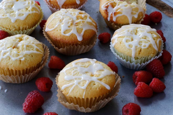 Lemon raspberry pound cake muffins in Concord, N.H. This dish is from a recipe by Sara Moulton. (AP Photo/J.M. Hirsch)