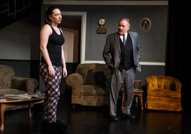 Lydia Tate, left, as Becca, and Keith Wilson, right, as Chris, during rehearsals for Springfield Theatre Centre's murder mystery dinner fundraiser "Good Deeds, Deadly Deeds" at the Hoogland Center for the Arts. [Justin L. Fowler/The State Journal-Register]