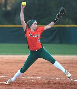Mosley's Brianna Oudean (25) allowed just one earned run in seven innings in Wednesday's 9-2 win over Bay in the Bay County Softball Championship in Lynn Haven. [Patti Blake | The News Herald]