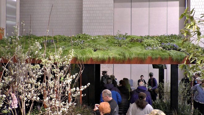 A grass and floral roof frames Delaware Valley University's display at the Philadelphia Flower Show at the Pennsylvania Convention Center. Filtered storm water flows from the "green" roof into a downspout that nourishes the grass and flowers below.