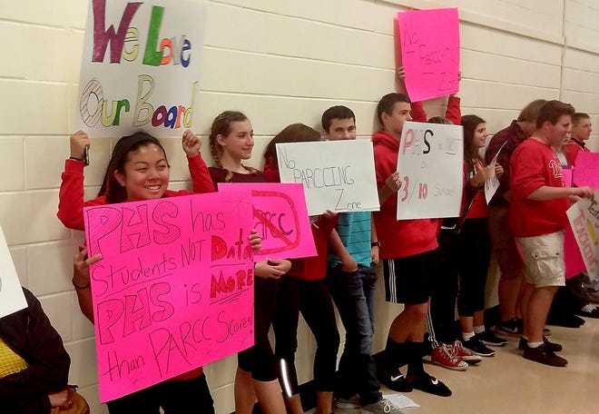 Students protest at the Palmyra Board of Education meeting on May 11, 2016. They want the state to remove PARCC as a requirement for graduation.