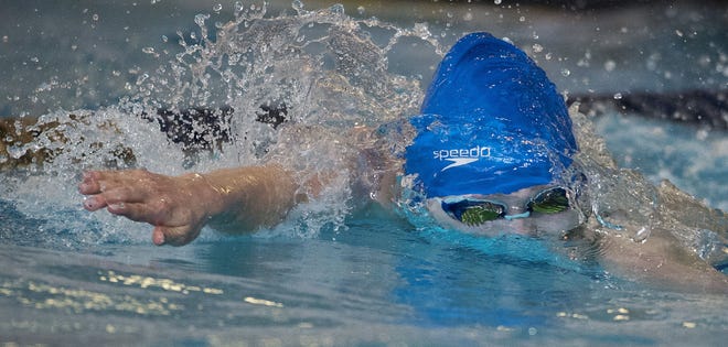Ellwood City's Taylor Petrak competes in the 100-yard freestyle during the WPIAL 2A swimming championships Friday at University of Pittsburgh's Trees Pool. Petrak placed first in the event with a time of 50.33.