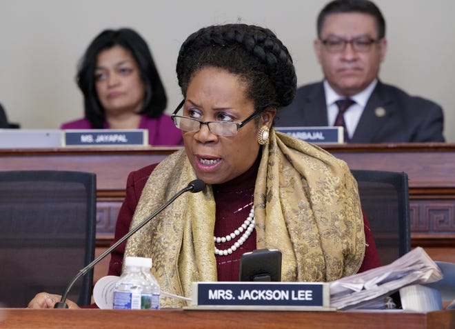 Rep. Sheila Jackson Lee, D-Texas, opposes the Republican health care bill during work by the House Budget Committee, on Capitol Hill in Washington, Thursday, March, 16, 2017. THE ASSOCIATED PRESS