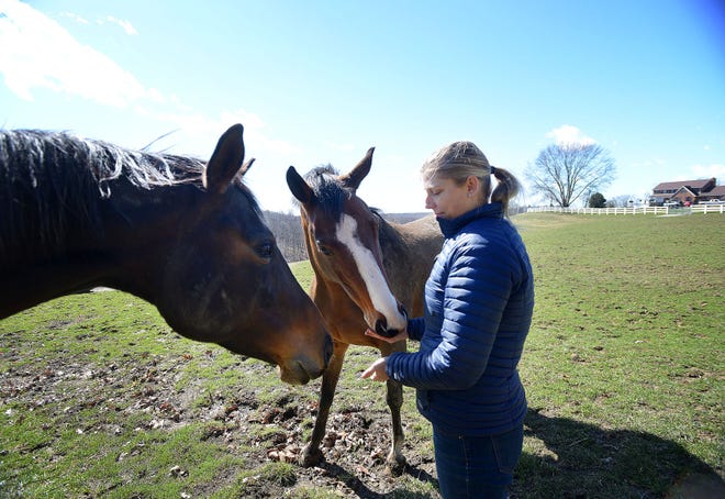 Mary Patterson, 33, visits with a couple of her family's horses on property along Conway-Wallrose Road in Economy on Wednesday. Rains often cause Ambridge Water Authority tanks nearby to overflow onto the property, according to the family.