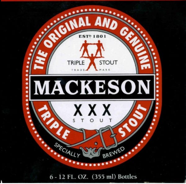 This week’s recommendation: Mackeson Triple XXX Stout, a Sweet Milk Stout with notes of creamy caramel, roasted coffee and malty chocolate. 4.9% ABV. Whitbread PLC, London, England.