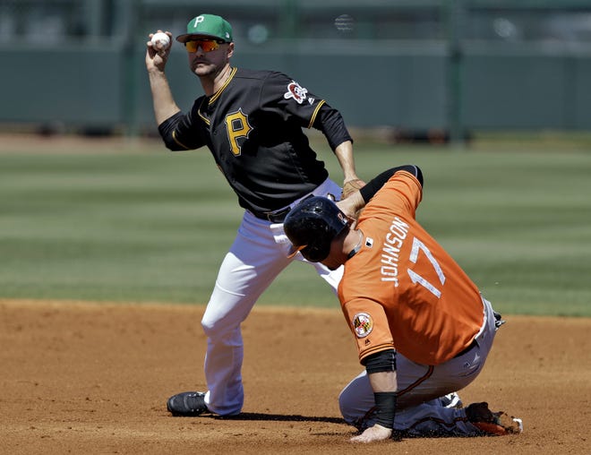 Baltimore Orioles' Chris Johnson (17) gets into second base before the tag by Pittsburgh Pirates shortstop Jordy Mercer (10) on a fielder's choice by Logan Schafer during the second inning of Friday's Grapefruit League game at LECOM Park in Bradenton. [THE ASSOCIATED PRESS / CHRIS O'MEARA]