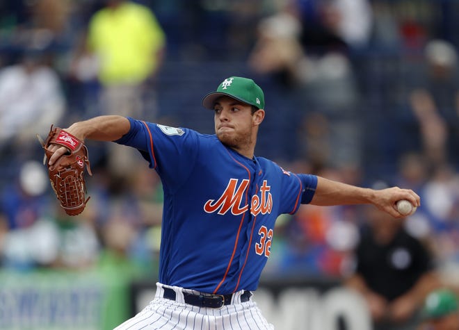 Mets starter Steven Matz, wearing a green hat on St. Patrick's Day, consistently hit 93 mph with his fastball against the St. Louis Cardinals in Port St. Lucie, Fla. Matz struggled with his control, though, walking three in 3 2/3 innings. [The Associated Press]