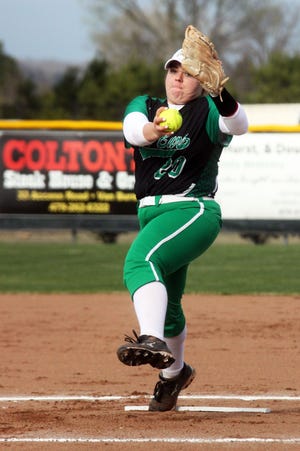 Van Buren senior McKennah Sikes pitches against Alma at the Van Buren Softball Field on Monday, March 13, 2017. [AARON SHAFFER/SPECIAL TO THE TIMES RECORD]