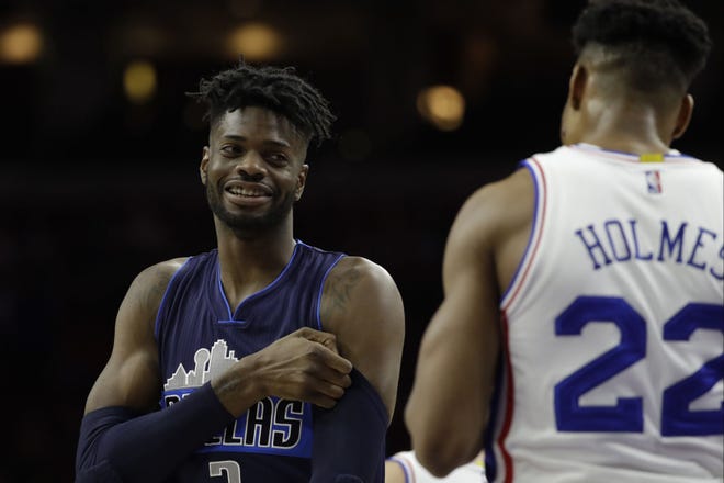 The Mavericks' Nerlens Noel, a former Sixer, smiles during Friday night's first game in Philadelphia since his Feb. 23 trade to Dallas.
