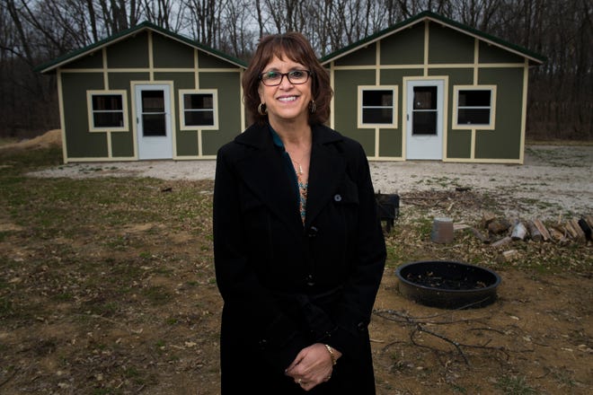 RYAN MICHALESKO/JOURNAL STAR Girl Scouts of Central Illinois CEO Pam Kovacevich poses for a portrait at Camp Tapawingo in Metamora. Work is under way at the 640 acre Girl Scout camp, including a remodel of the swimming facilities and also the addition of several new cabins, which can be seen in the background.