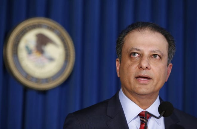 U.S. Attorney Preet Bharara speaks during a news conference in New York. He was fired after refusing to step down as requested by President Donald Trump.