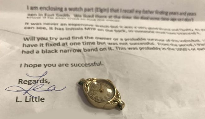 Lea Little of Russellville mailed this antique Elgin watch to the Times Record in an attempt to return it to its rightful owner. It was found in the 1950s in Fort Smith. [JOHN LOVETT/TIMES RECORD]