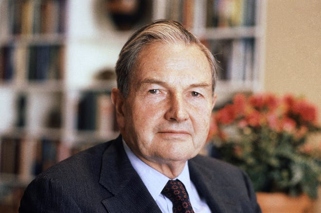 FILE - In this April 31, 1981, file photo, David Rockefeller poses for a photograph. The billionaire philanthropist who was the last of his generation in the famously philanthropic Rockefeller family died, Monday, March 20, 2017, according to a family spokesman. (AP Photo/D. Pickoff, File)