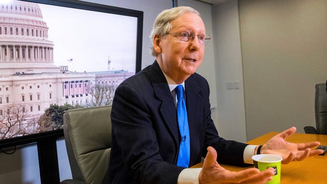 Senate Majority Leader Mitch McConnell of Ky. answers reporters questions during a newsmaker interview at the Associated Press bureau in Washington, Tuesday, March 21, 2017. (J. David Ake/Associated Press)
