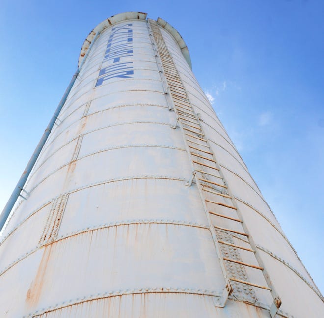 The Merrick Avenue water tower in Manchester is scheduled to come down soon. A meeting Friday may determine exactly when. [JACK HALEY/MESSENGER POST MEDIA]