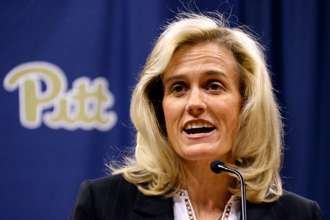 Heather Lyke makes remarks after being introduced as the new athletic director at the University of Pittsburgh in Pittsburgh, Monday, March 20, 2017. Lyke was most recently athletic director at Eastern Michigan University. (AP Photo/Gene J. Puskar)