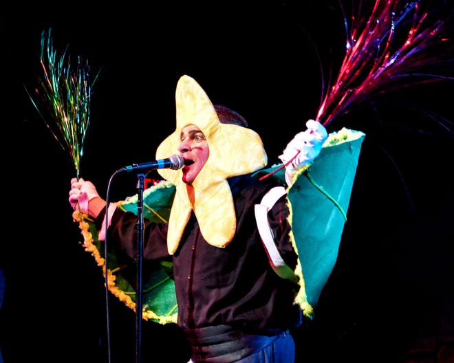 Costume designers for Beru Revue include Suzanne Sacks (wife of the band's late bassist Johnny Sacks) and Alyson Laskas, who designed this recent flower get-up.