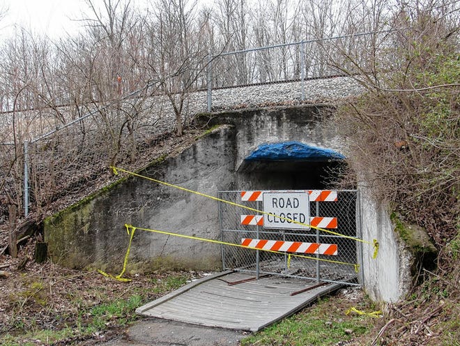 The tunnel under the railroad tracks that connects Powell's Adventure Park with Scioto Ridge Elementary School and points west is closed, pending a fix for crumbling concrete.
