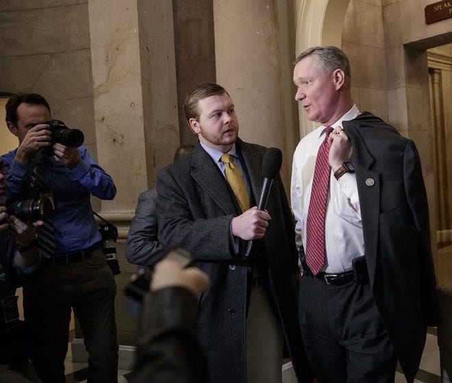 Rep. Steve Stivers, R-Ohio, talks to a reporters as he leaves the office of House Speaker Paul Ryan on Capitol Hill in Washington, Thursday, March 23, 2017, after a meeting with other Republicans to rally support for GOP's long-promised legislation to repeal and replace "Obamacare" as it moves toward a showdown vote. (AP Photo/J. Scott Applewhite)