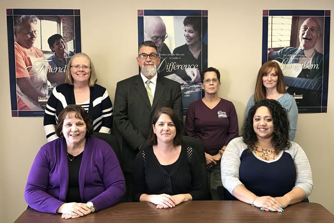 Among the staff of Home Instead Senior Care are (front, from left) Bonnie Parker, client care coordinator; Lisa Power, service manager; and Shaylyn Harms, scheduling coordinator; (back, from left) Pam Watterson, scheduling coordinator; Mike Neupauer, franchise owner; Diane Kuzbicki, administrative assistant; and Candy Braniff, recruitment coordinator.