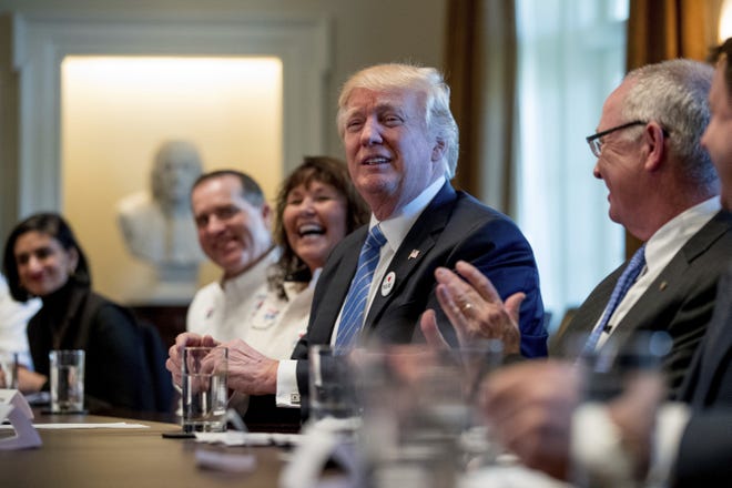 President Donald Trump meets with truckers and industry CEOs regarding health care, Thursday, March 23, 2017, in the Cabinet Room of the White House in Washington. [AP Photo/Andrew Harnik]