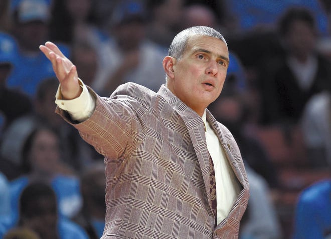 South Carolina head coach Frank Martin argues a call during the first half in a second-round game against Duke in the NCAA men’s college basketball tournament in Greenville, S.C., Sunday, March 19, 2017. (AP Photo/Rainier Ehrhardt)