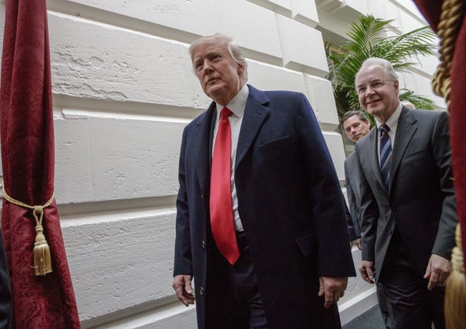 President Donald Trump, followed by Health and Human Services Secretary Tom Price, leaves Capitol Hill Washington, Tuesday, March 21, 2017, after rallying support for the Republican health care overhaul with GOP lawmakers. THE ASSOCIATED PRESS