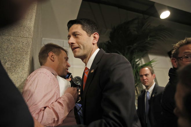 House Speaker Paul Ryan of Wis., departs after speaking to the media after a Republican caucus meeting on Capitol Hill, Thursday, March 23, 2017, in Washington. AP