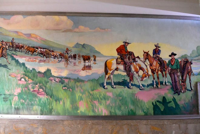 This mural at the Garfield County Courthouse recently has been restored. [Photo by Billy Hefton, Enid News & Eagle]