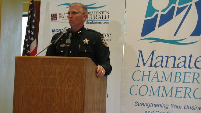 Manatee County Sheriff Rick Wells tells the Manatee Chamber of Commerce during a Friday luncheon that his agency's manpower needs to keep pace with the area's expanding population. STAFF PHOTO / DALE WHITE