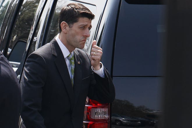 House Speaker Paul Ryan of Wis. leaves the White House in Washington, Friday, March 24, 2017, after meeting with President Donald Trump. THE ASSOCIATED PRESS