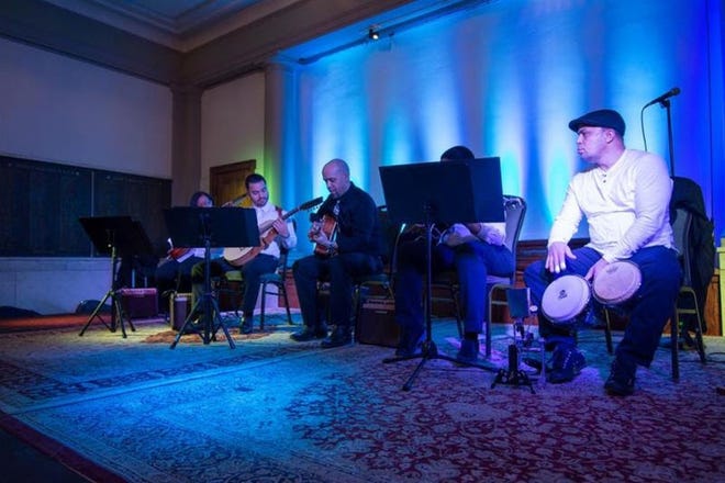 Worcester Arts Council member Jose Castillo and his students playing "Folklorico" music March 23 at the 2017 WAC Grantee Reception at the Bull Mansion. [Photo Courtesy Meaghan Hardy-Lavoie]